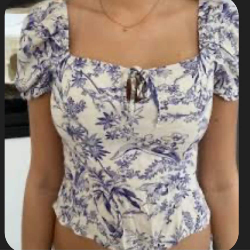 H&M White and Blue Floral Blouse